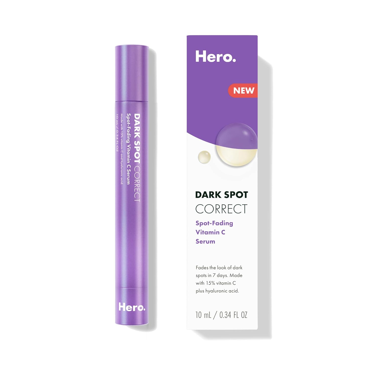 Hero Cosmetics Dark Spot Correct Spot-Fading 15% Vitamin C and Hyaluronic Acid Serum. Improves the Look of Post Blemish Marks in 7 Days. Twist Applicator and Rollerball Tip for Easy Application. 10mL