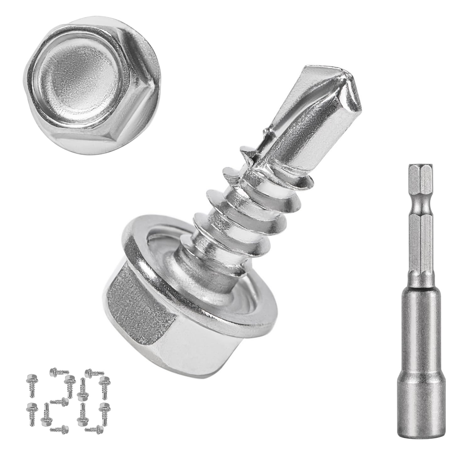 QSJ 120PCS #8 x 1/2'' Sheet Metal Screws 410 Stainless Steel Hex Washer Head Fast Self Tapping Screws with Screwdriver Bit Silver