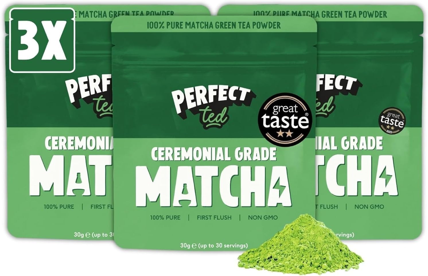 PerfectTed Matcha Powder, Ceremonial Grade Japanese, 30g (30 Servings), Perfect for Lattes & Smoothies | Premium Matcha Fuel | with L-Theanine | Antioxidants | Vegan | Gluten-Free (90g (3 x 30g))