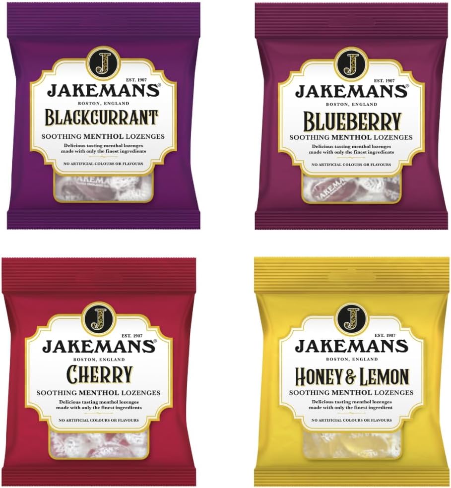 Throat Lozenges Variety Pack - Set of 4 x 73g Bags (Blueberry, Blackcurrant, Honey & Lemon, Cherry) - Packed by Black Nore Gifts