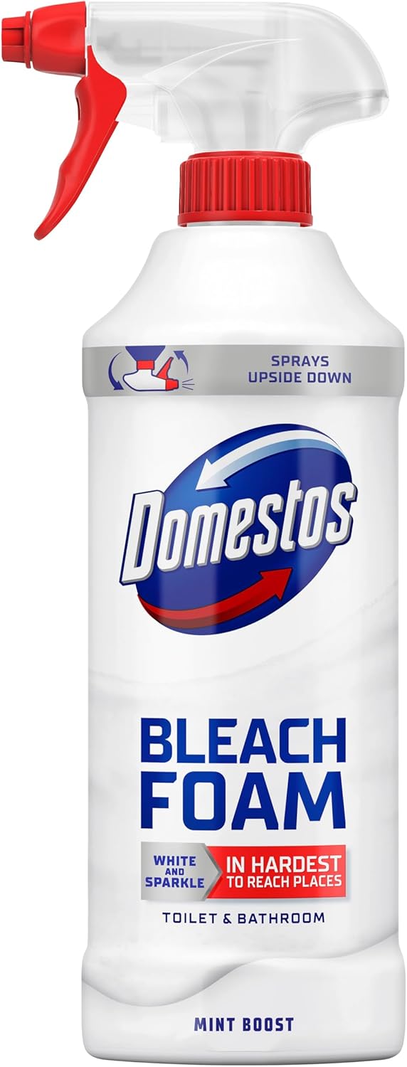 Domestos Mint Boost Bleach Foam sprays upside down for a sparkling clean even in the hardest-to-reach places 450 ml