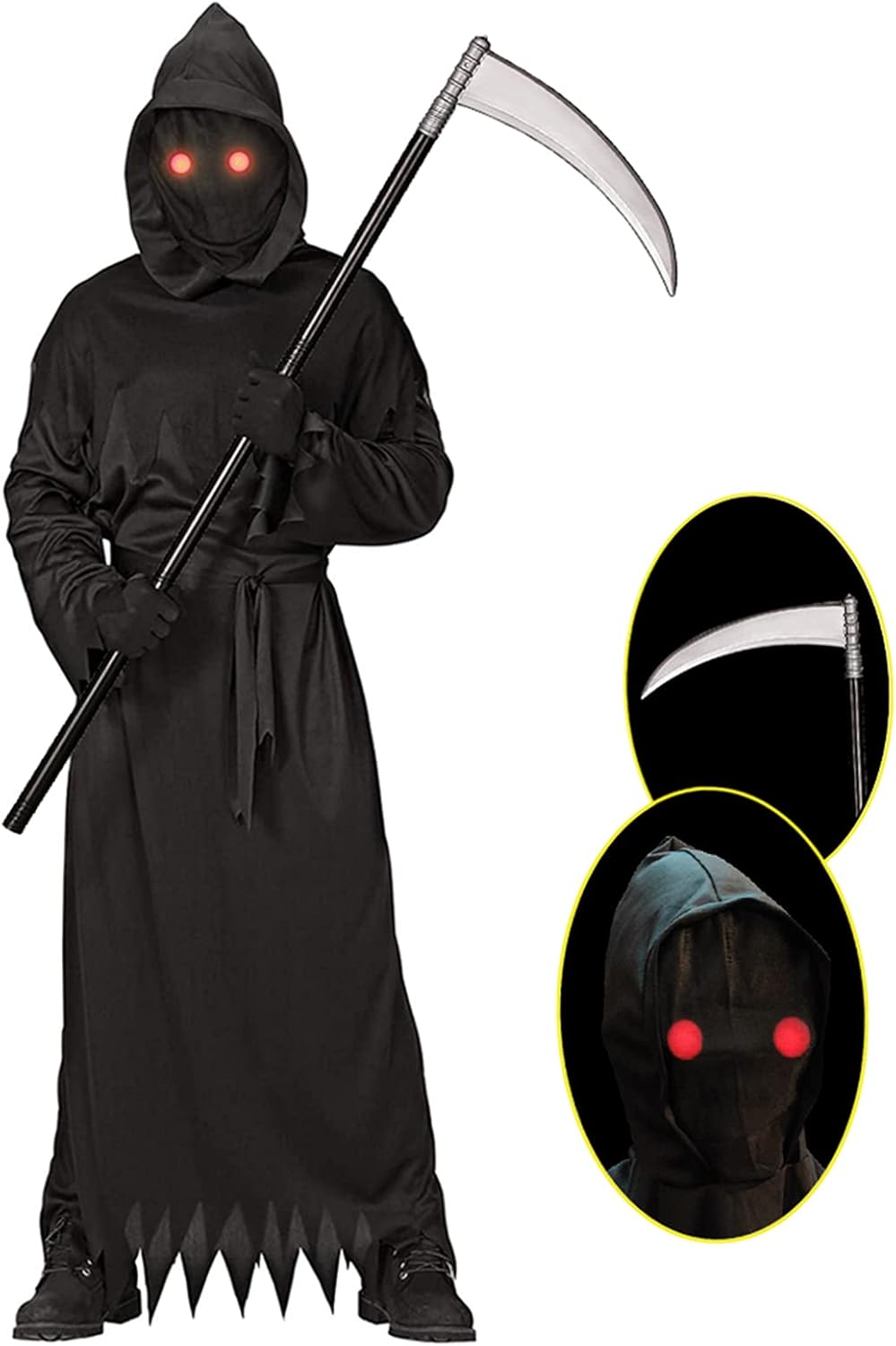 Grim Reaper Halloween Costume with Glowing Red Eyes for Adult, Scythe Included