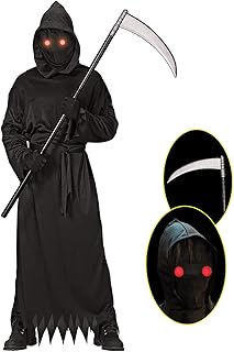 Grim Reaper Halloween Costume with Glowing Red Eyes for Adult, Scythe Included