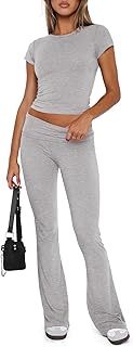 REORIA Women's Casual Outfits Soft Short Sleeve Crop Top Fold Over Flare Pants Y2K 2 Piece Pajama Lounge Sets