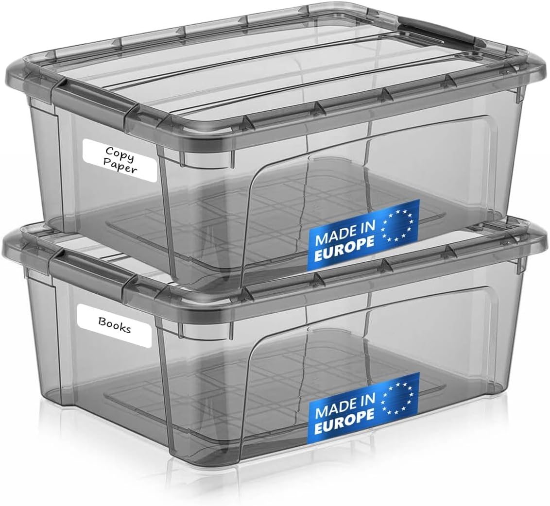 Tribello 12.5 Quart Storage Bins with Lids, Plastic Storage Containers with Latching Lids For Organizing - Tinted - (15.5’ x 12” x 6”) - Set of 2 - Made in EU