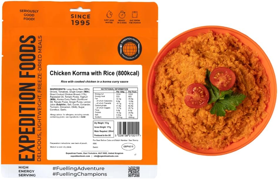 EXPEDITION FOODS Chicken Korma with Rice (High Energy Serving / 800kcal) | Freeze-Dried Camping & Hiking Food