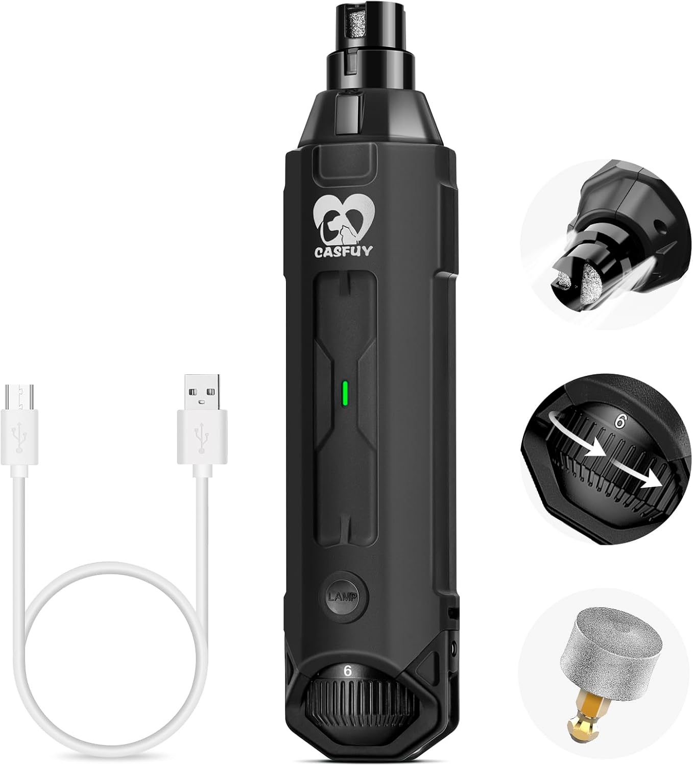 Casfuy 6-Speed Dog Nail Grinder - Newest Enhanced Pet Nail Grinder Super Quiet Rechargeable Electric Dog Nail Trimmer Painless Paws Grooming & Smoothing Tool for Large Medium Small Dogs