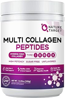 NATURE TARGET Multi Collagen Peptides Powder - Type I, II, III, V, X - Hydrolyzed Collagen Peptides with Vitamin C Hyaluronic Acid, Supports Skin Hair Nail & Joint, Grass-Fed, Non-GMO, 35 Servings
