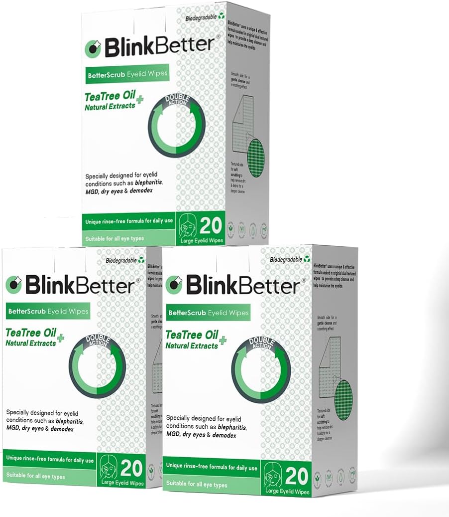 BlinkBetter Tea Tree Oil Eyelid Wipes - 60 x Natural Blepharitis, MGD & Dry Eye Relief Wipes | Cleansing, Soothing, Dual-Textured, Triple Moisture Formula | Biodegradable & Gentle (Pack of 3)