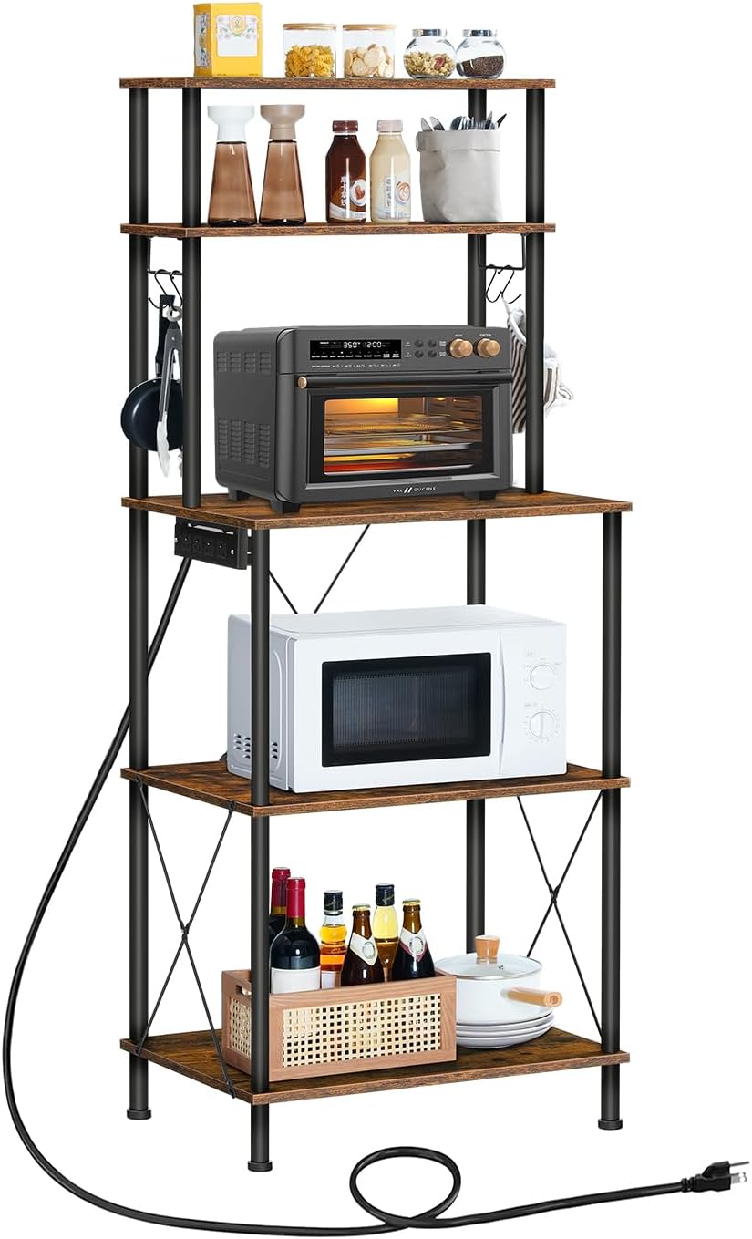 HOOBRO Kitchen Bakers Rack with Power Outlets, 5-Tier Microwave Stand, Coffee Bar with S-Shaped Hooks, Kitchen Storage Shelf Rack for Living Room, Dining Room, Rustic Brown and Black BF80UHB01
