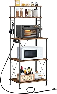HOOBRO Kitchen Bakers Rack with Power Outlets, 5-Tier Microwave Stand, Coffee Bar with S-Shaped Hooks, Kitchen Storage Shelf Rack for Living Room, Dining Room, Rustic Brown and Black BF80UHB01