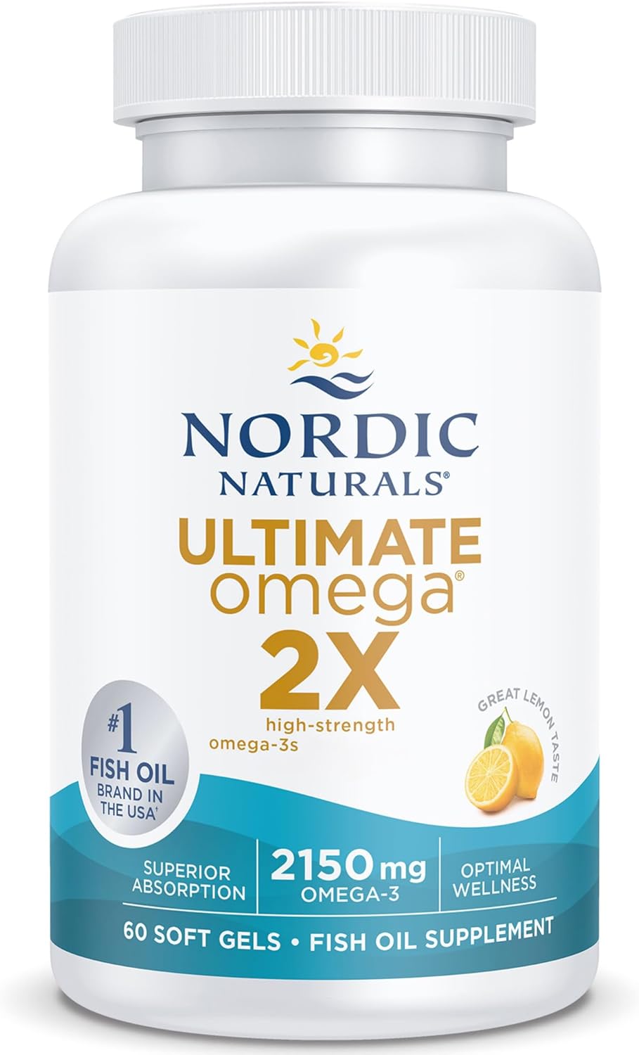 Nordic Naturals Ultimate Omega 3 2X, 2150mg Omega-3 Capsules High Strength Fish Oil Supplements with EPA and DHA, 60 Softgels, Lemon Flavour, Soy Free, Gluten Free