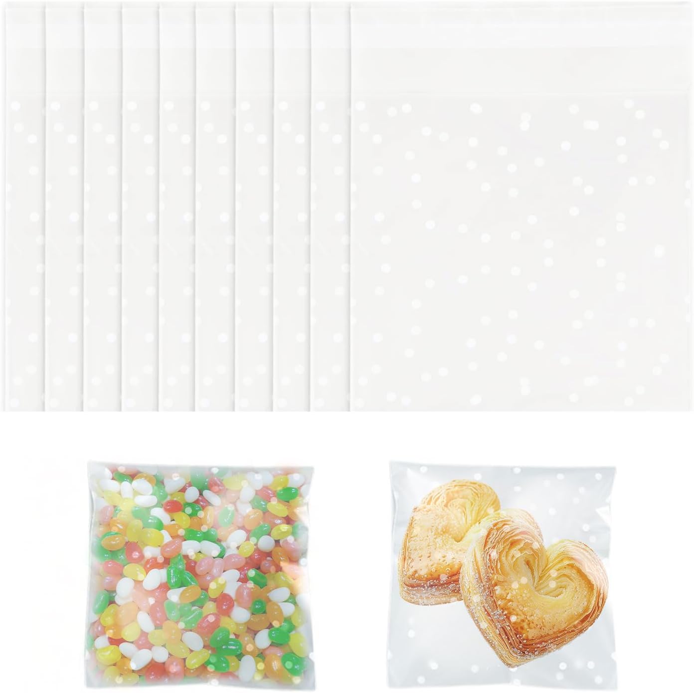 Siliget 100Pcs Cellophane Bags - 15 x 15 cm, Self Adhesive Small Plastic Packaging Bags with White Dot, Clear Frosted Plastic Package for Sweet Cookie Chocolates Biscuit Candy