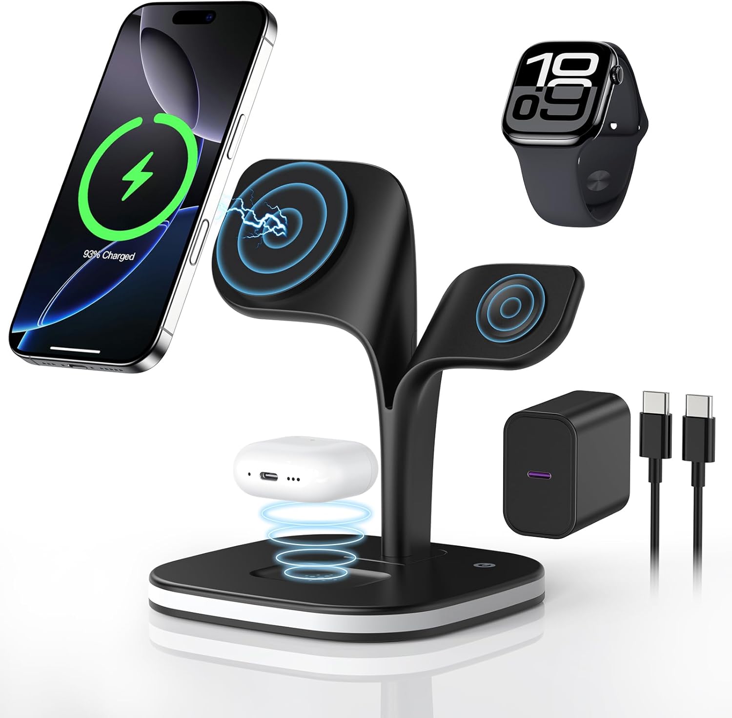 3 in 1 Wireless charging Station for MagSafe, Magnetic Wireless Charger for Apple Devices iPhone 16/15/14/13/12 Series, AirPods Pro 4/3/2, Apple Watch Series/ultra (with 20W PD Charger)