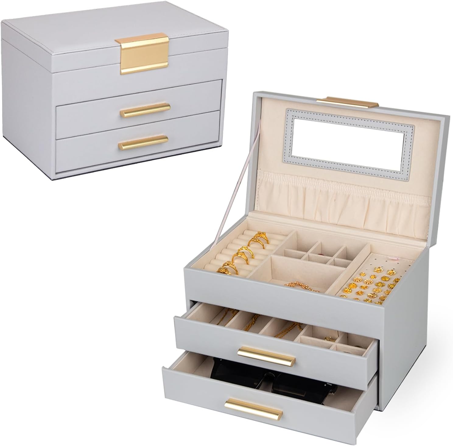 Pull-Out Jewelry Organizer with Mirror - Multi-Layer Compartment Storage Box for Necklaces, Bracelets, Earrings, Travel & Home Use, Holiday Gift
