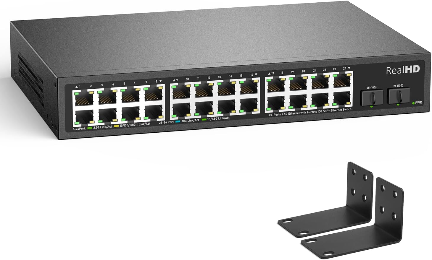 24 Port 2.5Gb Ethernet Network Switch Unmanaged 24 x 2.5 Gigabit Base-T Port | 2 x 10G SFP+ | Compatible with 10-100-1000Mbps | Fanless Metal Internet Switch | 19 Inch Rack Mount | 160G Bandwidth