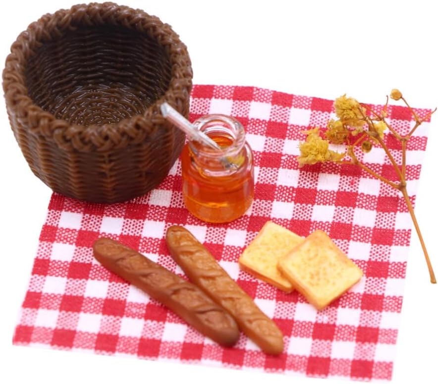 UPKOCH 1:12 Miniature Breakfast Basket Set - Realistic Honey & Baguette Decor for Dollhouse Kitchens, Bakery Display Props with Picnic Cloth (3.5cm)