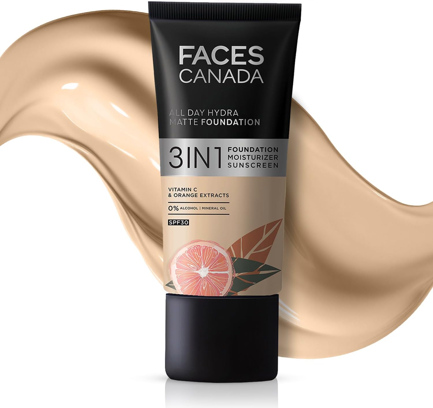 FACES CANADA All Day Hydra Matte Foundation 3-in-1 Foundation + Moisturizer + SPF 30 24 HR Aloe Hydration & Vitamin C 10HR Long Wear Medium to High Buildable Coverage Absolute Ivory 012 25ml