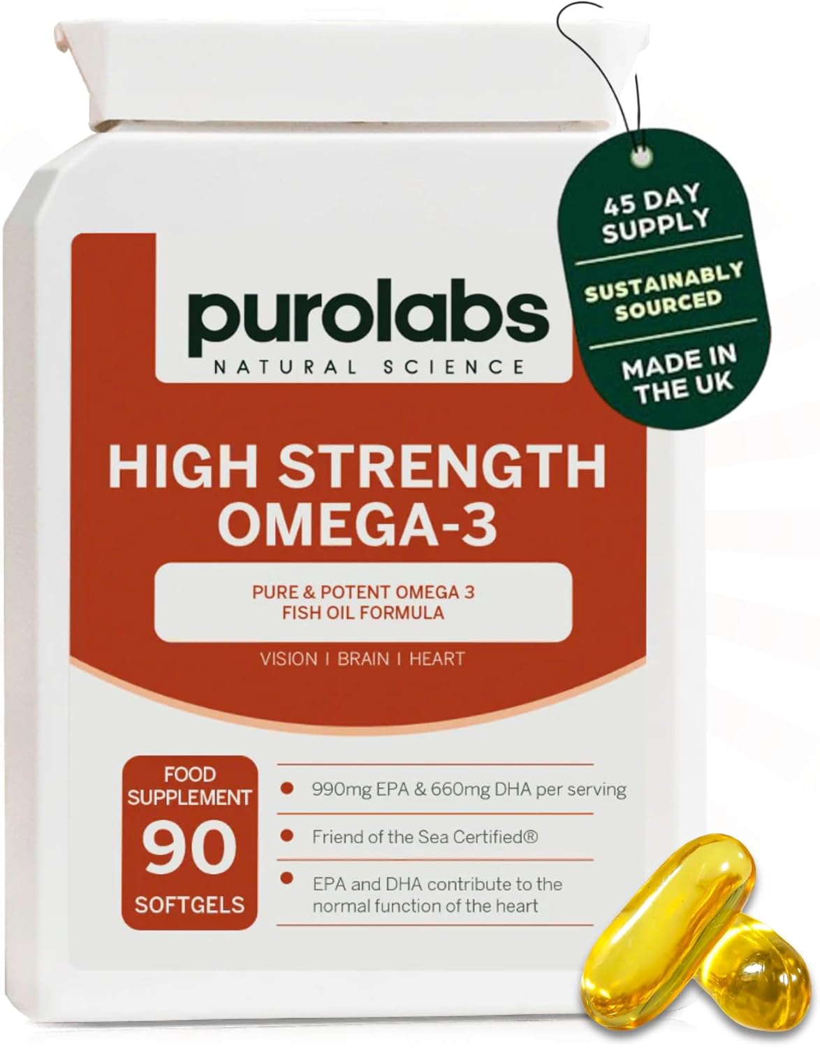 Purolabs High Strength Omega 3 Fish Oil - 660mg EPA 440mg DHA per Serving. 90 Softgel Capsules for Heart, Brain & Vision - Made in The UK