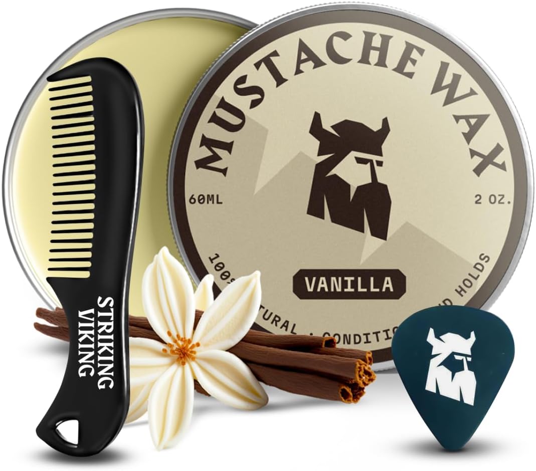 Striking Viking Moustache Wax & Comb Kit - 2 Oz, Medium/Strong Hold, Vanilla Scent, 1 Pocket Comb - Moustache Grooming Kit for Men - Moisturise, Tame & Style - Non-Greasy, with Beeswax