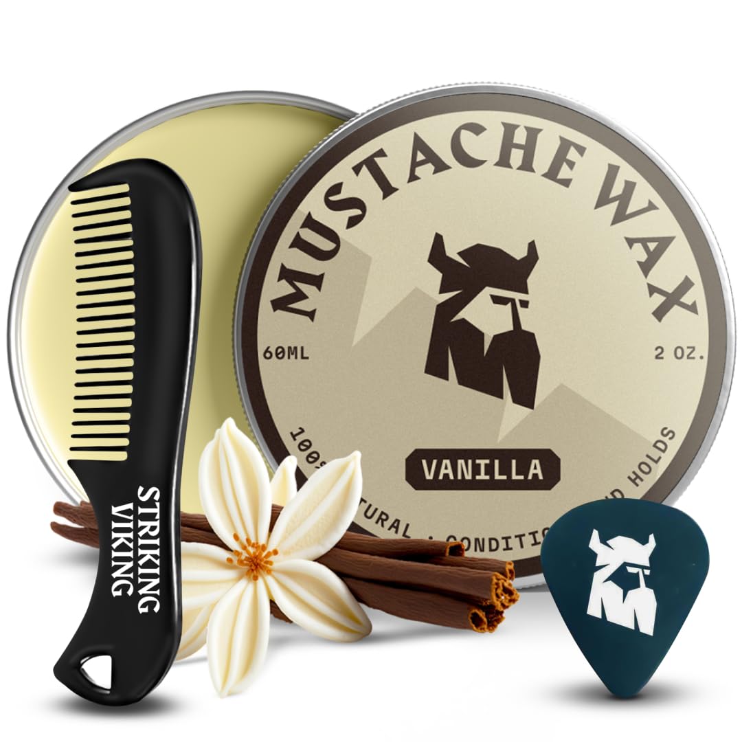 Striking Viking Mustache Wax & Comb Kit - 2 Oz, Medium/Strong Hold, Vanilla Scent, 1 Pocket Comb - Mustache Grooming Kit for Men - Moisturize, Tame & Style - Non-Greasy, with Beeswax