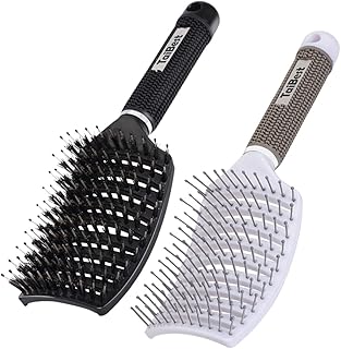 Boar Bristle Hair Brush Set - Dry/Wet Hair Brush Detangler for Fine, Thick, Curly Hair - Curved and Vented Hair Brush for Women, Men or Kids