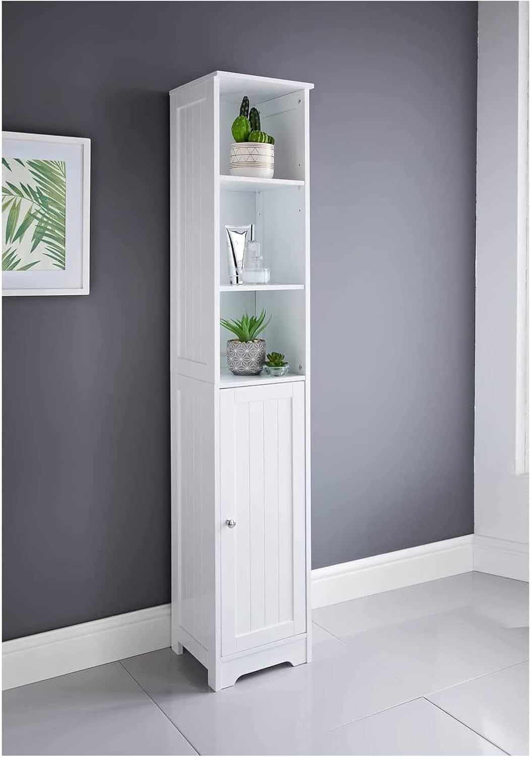 Saxony® Bathroom Storage Cabinet with 3 Shelves and 1 Door Tallboy White Wooden Furniture Unit tall narrow cupboard Slim Floor Standing Design cabinets