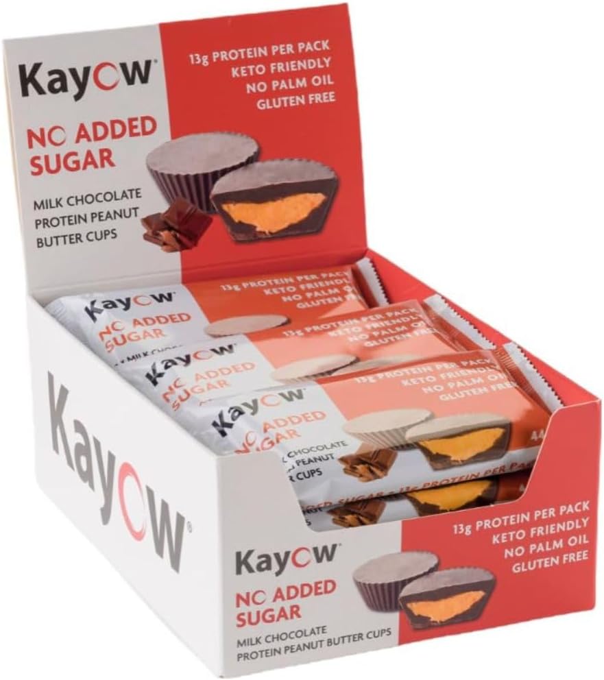 KAYOW No Added Sugar Milk Chocolate Peanut Butter Cups 12 x Packs of 2 x 22g High Protein Cups | 13g Protein Per Pack | No Added Sugar | Gluten Free Low Carb Keto Snacks