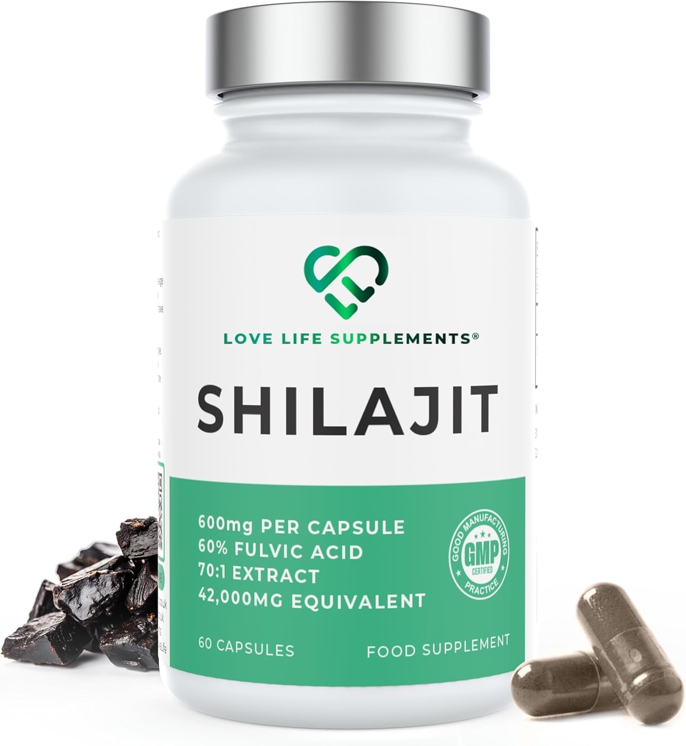 High Strength Shilajit Capsules, 60 x 600mg from 42,000mg Shilajit Resin, 2 Month Supply, 70:1 Extract, 60% Fulvic Acid, Pure Shilajit No Fillers - Energy, Stamina & Mood Support