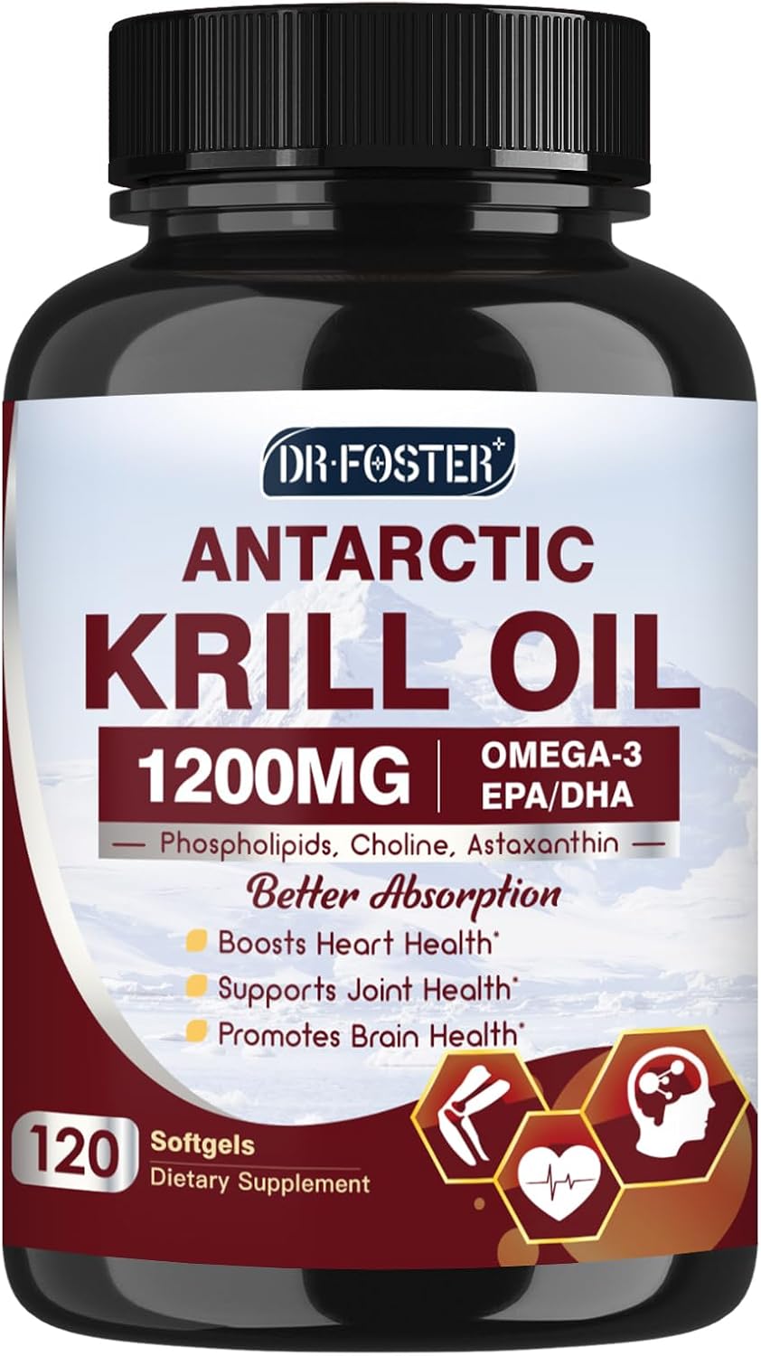 Krill Oil 1200mg, Antarctic Krill Oil Omega 3 Supplement with EPA, DHA，Astaxanthin & Phospholipids for Heart & Brain & Joint Health, No Fishy Aftertaste,120 Softgels (60 Servings)