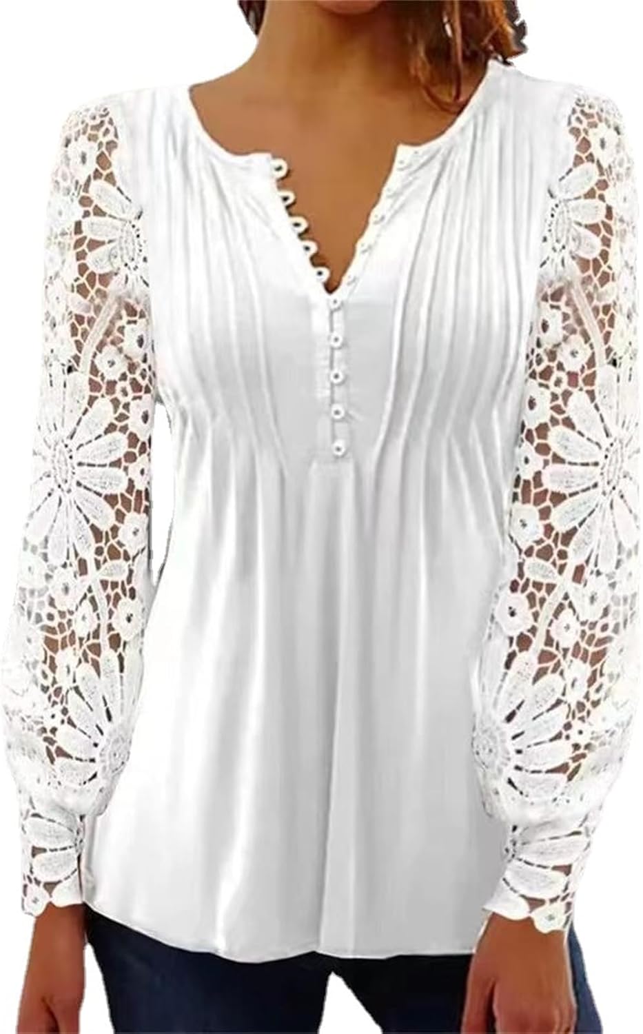 BISKAMY Tops for Women UK Elegant Ladies Tops Lace Patchwork Shirts Long Sleeve V Neck Blouse Plus Size Casual Loose T-Shirt