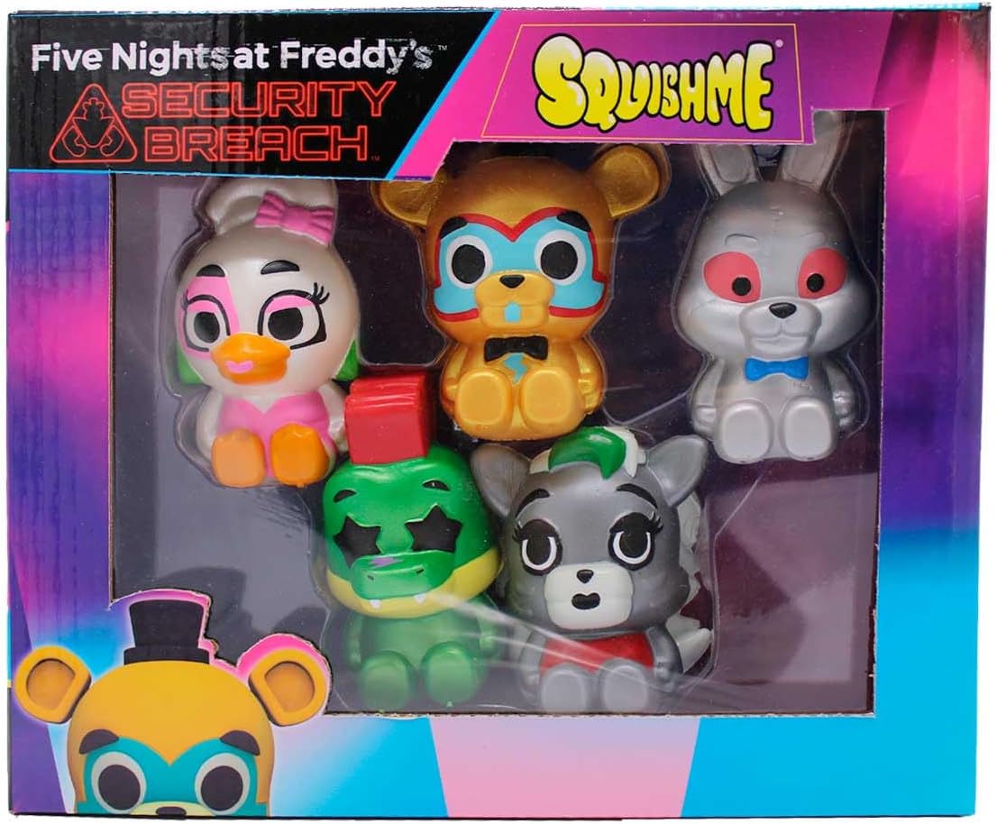 Five Nights at Freddy's Security Breach SquishMe Series 1 Collectors Box 5-Pack: Stress Relief Toy, Party Favor & Fidget Toys for Kids - Entire Series 1 Set w/FNAF Figures Squishies
