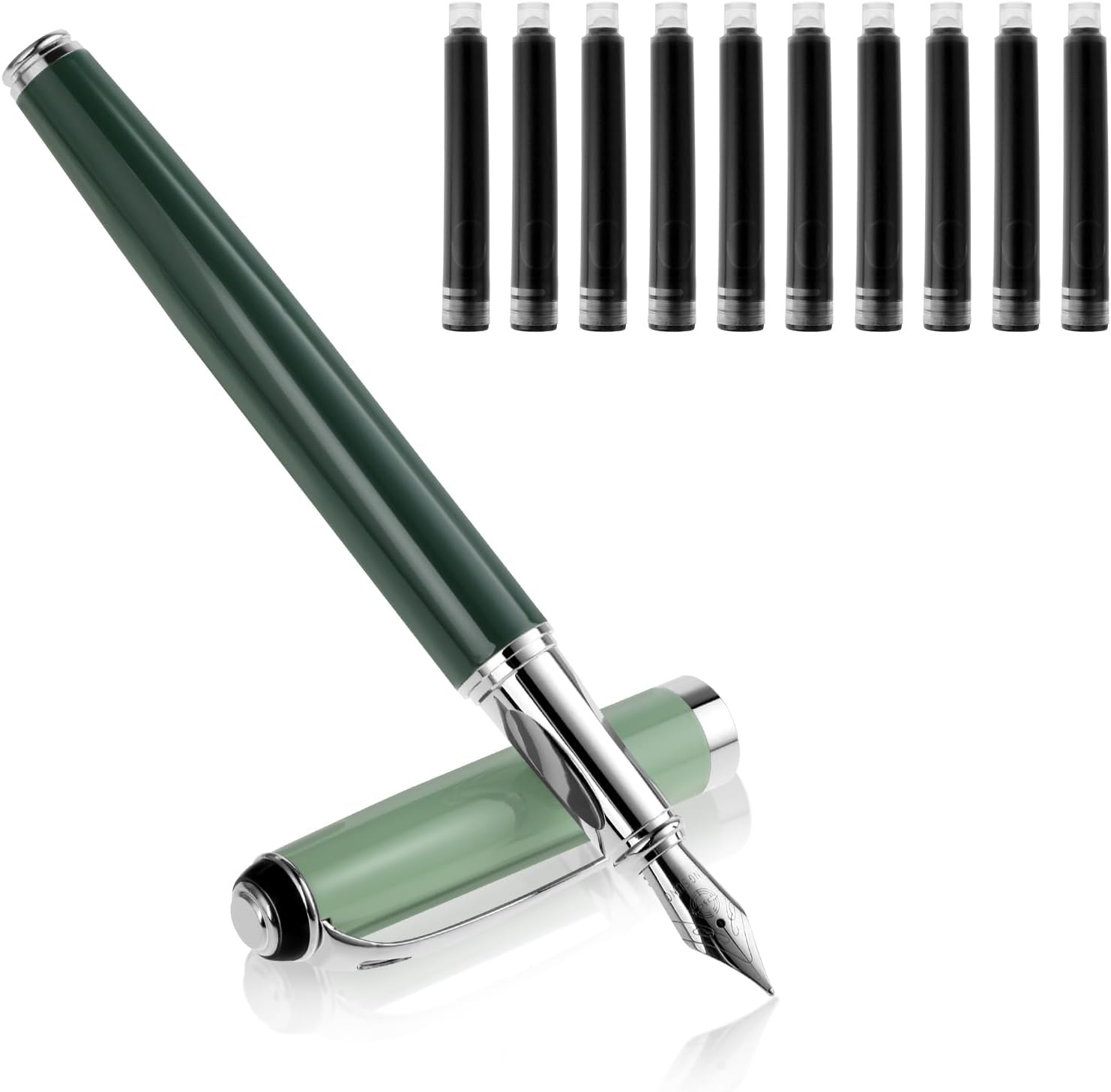 Cobee Metal Fountain Pens with 10 Black Ink Cartridges, 0.5mm Fine Nib Fountain Pen Smooth Writing Luxury Calligraphy Pen Office School Supplies (Green)