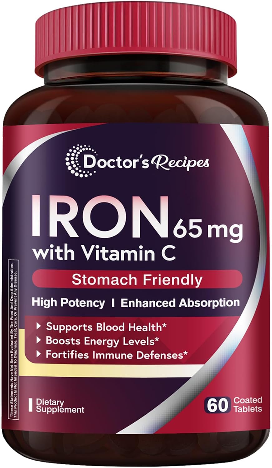 Doctor's Recipes Iron Supplement 65 mg with Vitamin C - Maximized Absorption, Stomach Friendly & High Potency Iron Pills for Red Blood Cells Formation & Immunity Health - Vegan Non-GMO 60 Iron Tablets