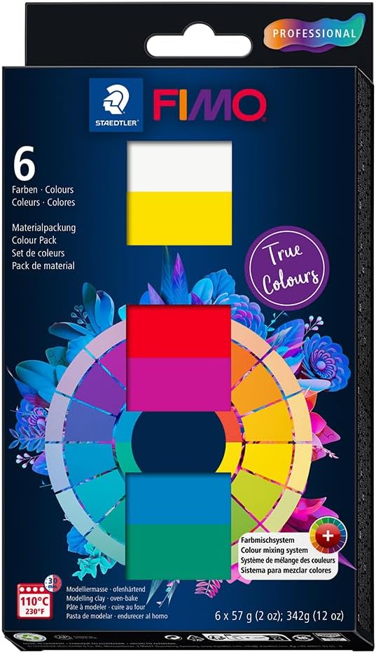 STAEDTLER Polymer Modelling Clay - FIMO Professional - Oven Bake Clay - True Colours Pack of 6 x 57g Blocks - 6 Assorted Colours, 8043 C6-1