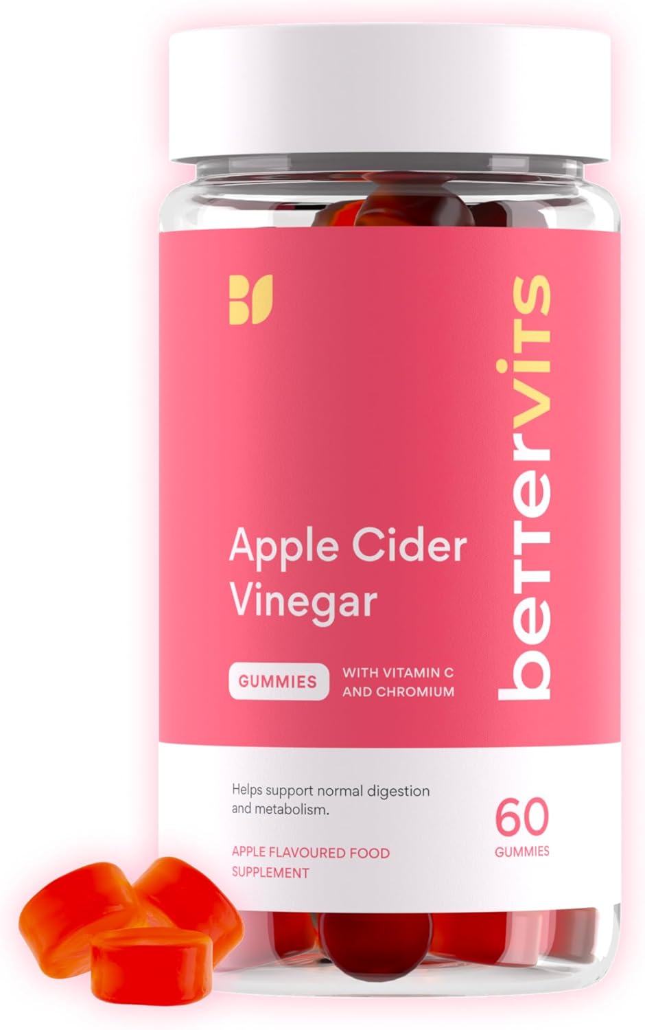 Bettervits Apple Cider Vinegar Gummies with Vitamin C & Chromium | Supports Energy, Metabolism & Digestive Health | Apple Cider Vinegar 1000 mg. - 60 Sugar Free ACV Gummies