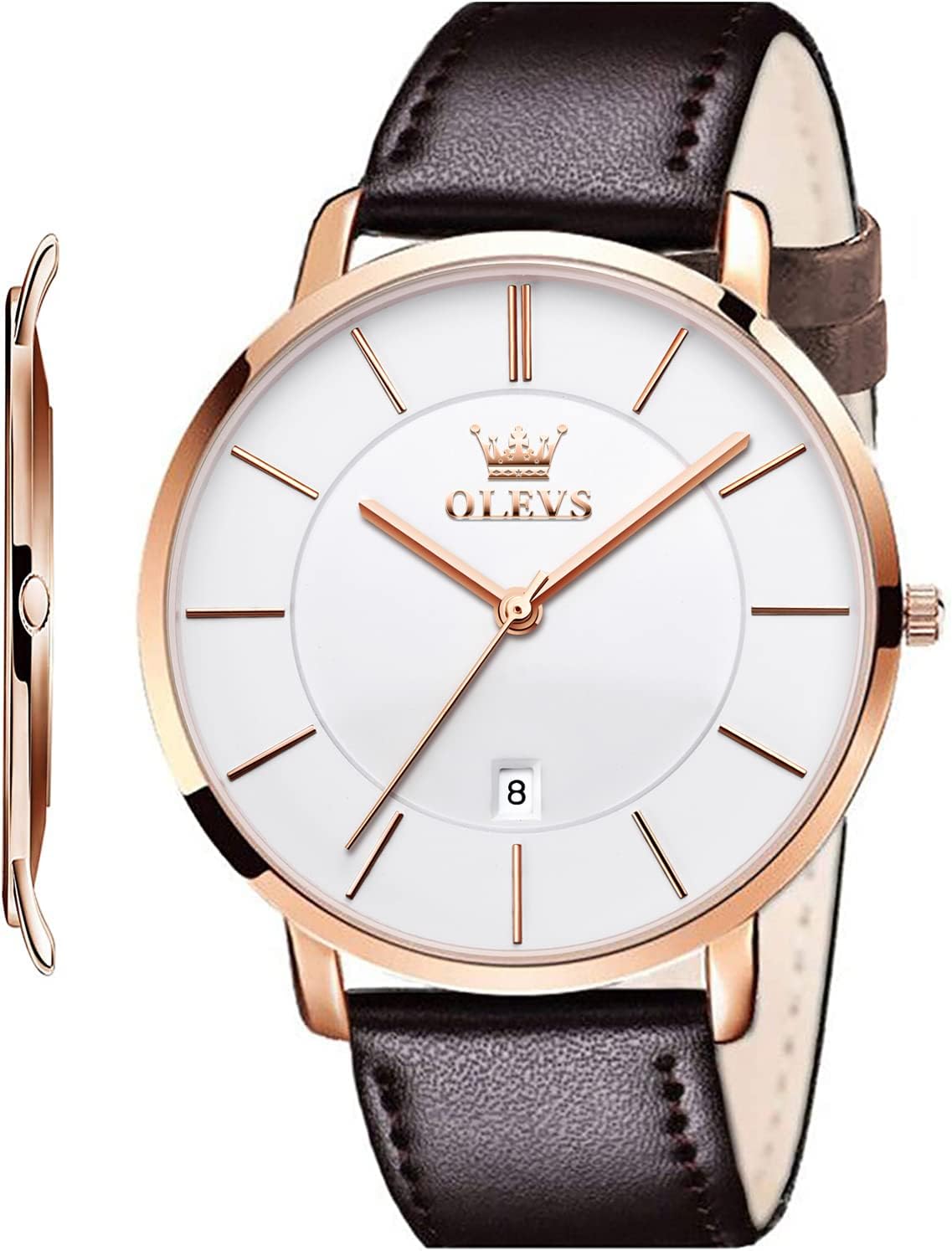 OLEVS Mens Wrist Watches Ultra Thin 6.5mm Minimalist Business Dress Waterproof & Date & Leather Strap Slim Watches for Men