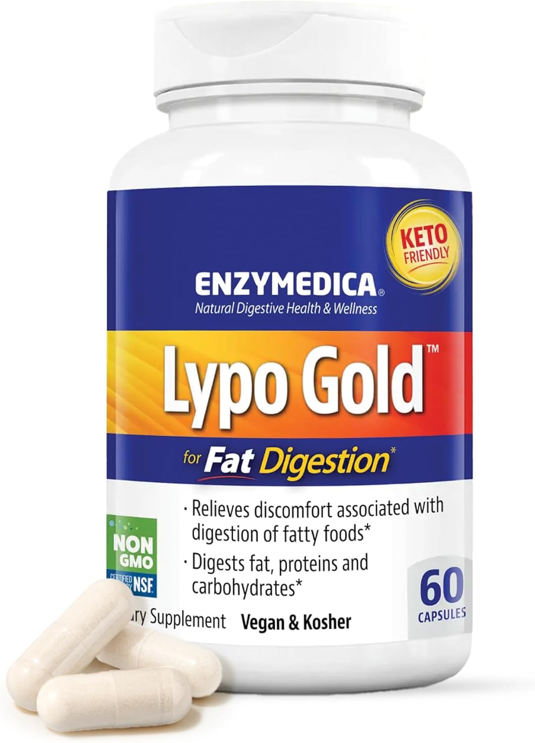 Enzymedica Lypo Gold, High Potency Lipase Digestive Enzymes for Fat Digestion, Supports Occasional Bloating Relief & Digestive Health, Keto-Friendly, Vegan, 60 Capsules