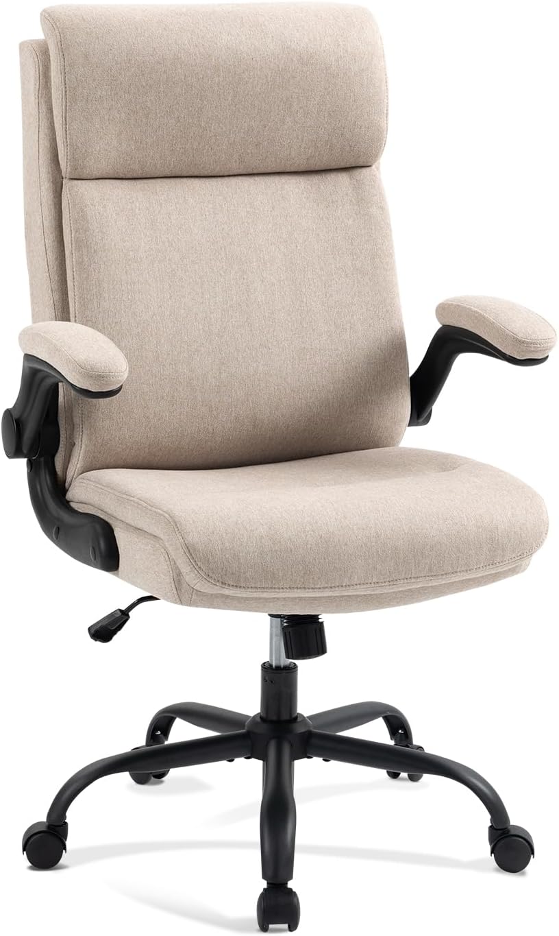 CASTLOVE Ergonomic Office Chair Computer Chair Executive Office Chair with Flip Up Armrest High Back Rocking Function Height Adjustable Comfortable Desk Chair for Home Office Fabric Cream