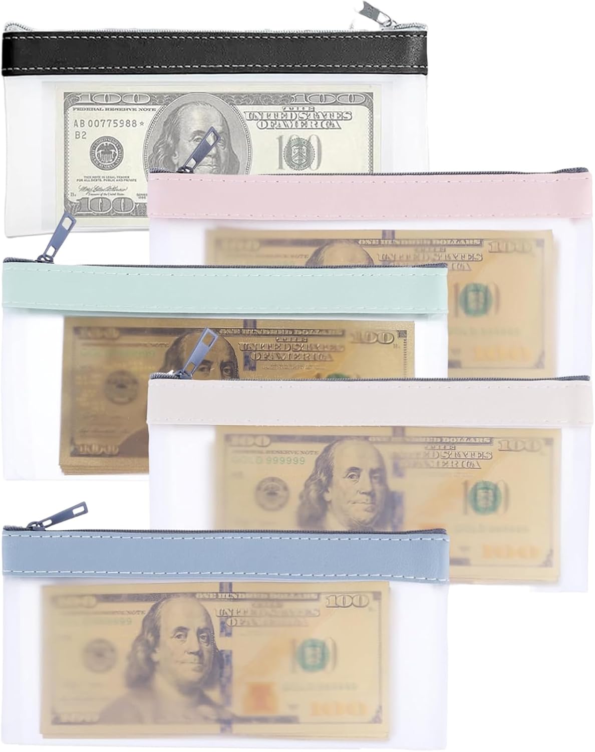 5 Pcs Money Bags with Zipper, PVC Money Wallet for Cash Saving, Coin Bags for Bank Deposits, Travel Essentials and School Supplies Organization
