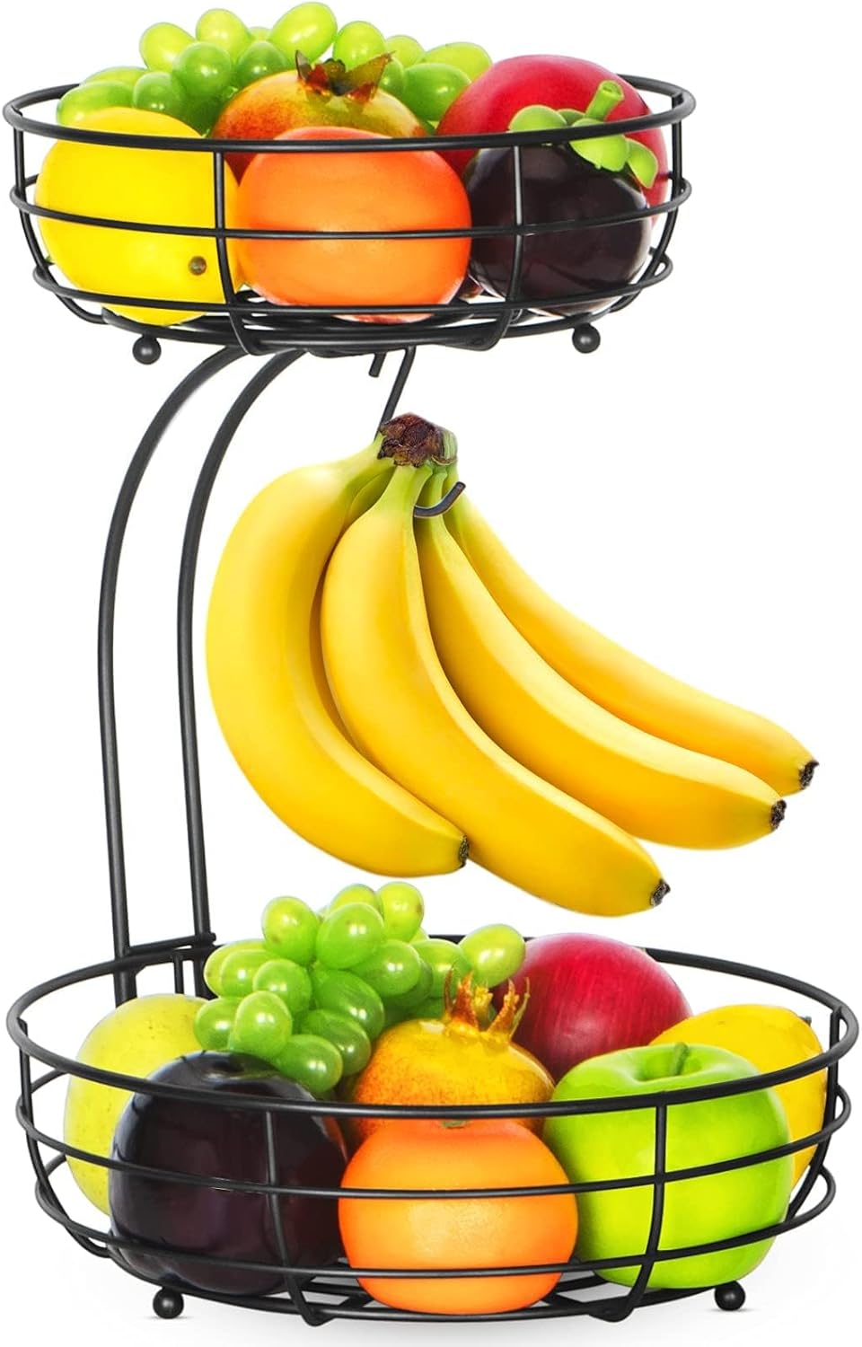 Bextsrack 2-Tier Countertop Fruit Basket Bowl with Banana Hanger, Metal Wire Fruits Stand Holder Storage Organizer for Kitchen, Black