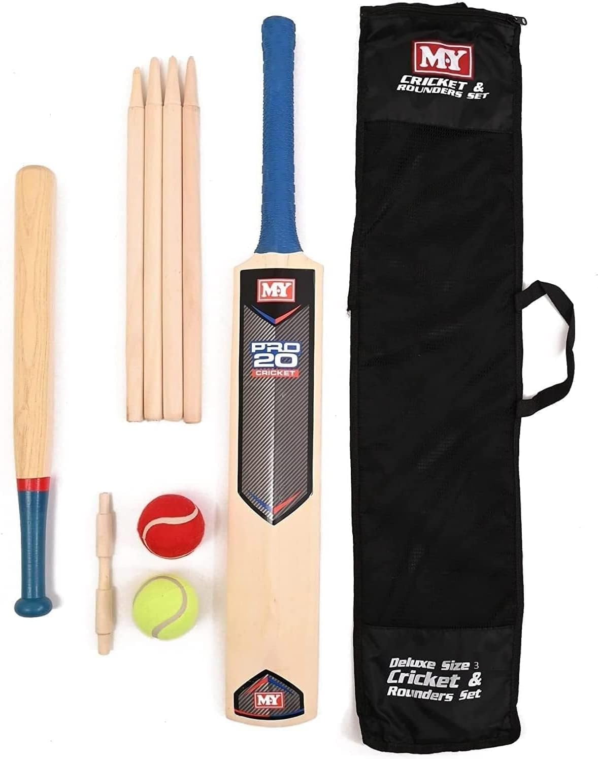 Unibos 2-in-1 Size 3 Cricket & Rounders Complete Set With Mesh Carry Bag Outdoor Games Fun for all the family Suitable For Both Children And Adults To Use