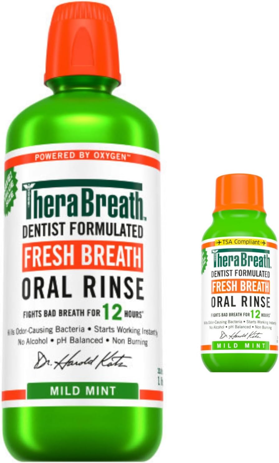 Fresh Breath Mouthwash, Mild Mint, Alcohol-Free, 1 Liter (33.8 oz) + Travel Size, 3 fl oz