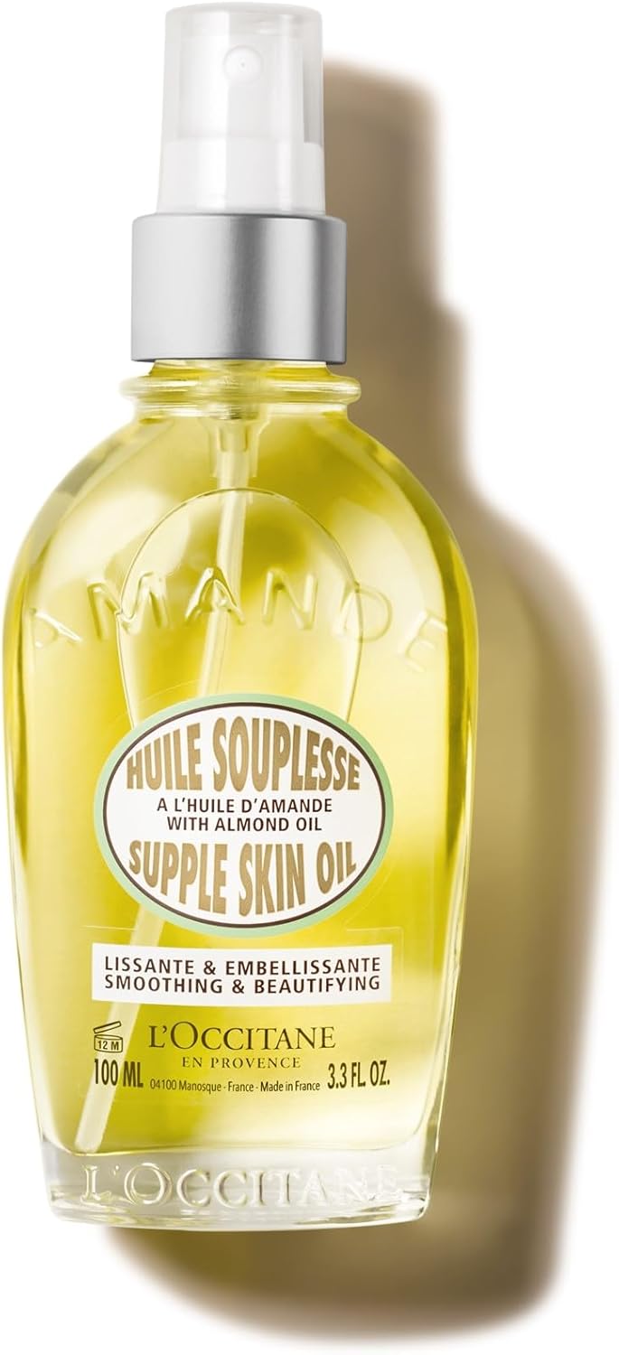 L'OCCITANE Almond Supple Skin Oil 100ml, 50% Pure Almond Oil for Deep Hydration & Glow, Vegan, Fast-Absorbing Body Oil, Luxury Clean Beauty Skincare for Soft, Supple Skin