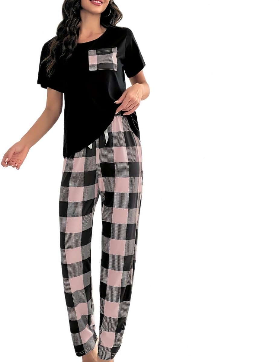 SamHeng Women's Pyjama Set Round Neck Short Sleeve Tops and Long Pants Soft Sleepwear Loungewear Summer Pjs Set Casual Nightwear for Ladies