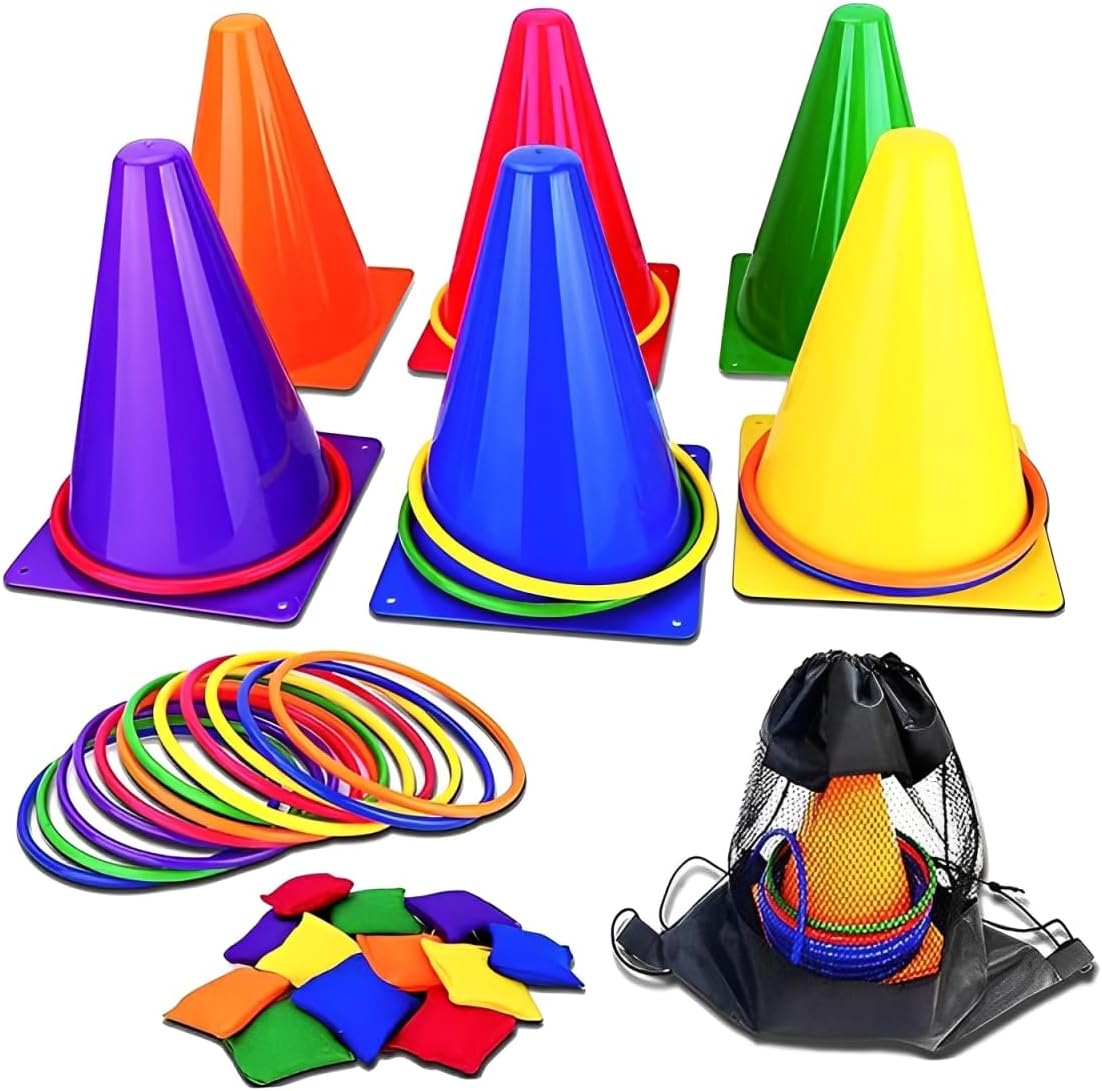 3 in 1 Outdoor Games Set - Kids Bean Bag Toss, Garden Games Set, Outdoor Toys for Toddlers Age 3-5, Includes 6 Traffic Cones, 12 Colorful Rings, 12 Bean Bags & Storage Bag