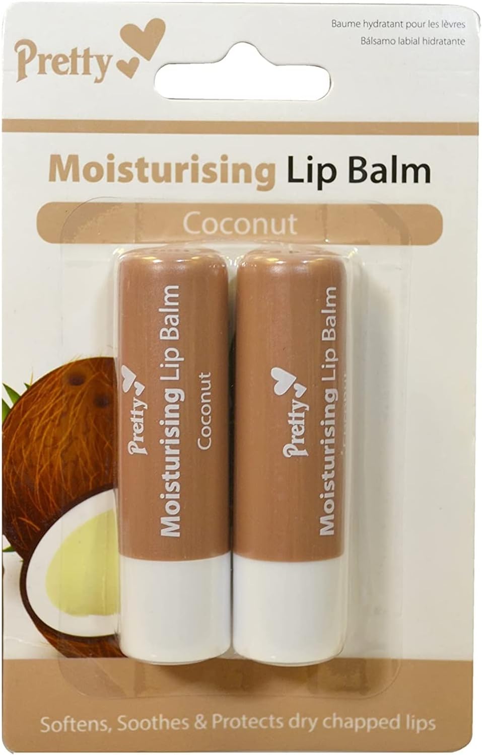 2 x Coconut Moisturising Lip Balm Tubes by Pretty - Softens, Soothes & Protects Dry Chapped Lips - 2 x 4.3g