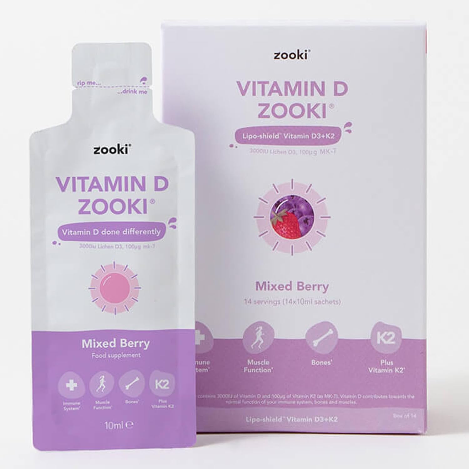 Zooki 3000iu Liposomal Vitamin D3 + K2 Liquid Sachets | 4X Higher Absorption Clinically Proven | Ultimate Immunity, Bone, Muscle Support | Vegan | (Mixed Berry Flavour, 14 Servings)