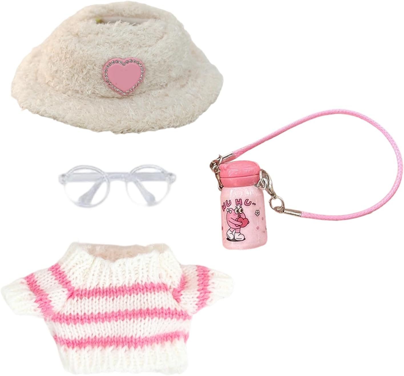Doll Clothes, Dress to Impress Dolls, 4 Pcs Pink Outfit Accessories with Hat, Sweater, Bottle Bag, Glasses, Cute Clothes Dress up Unique Style, Perfect for Boys and Girls Birthday Gifts