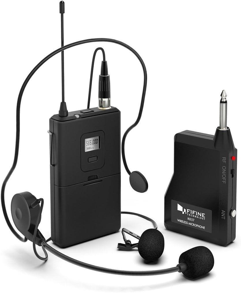 Wireless Microphone System,FIFINE Wireless Microphone Set with Headset and Lavalier Lapel Mics, Beltpack Transmitter and Receiver,Ideal for Teaching, Preaching and Public Speaking Applications-K037B